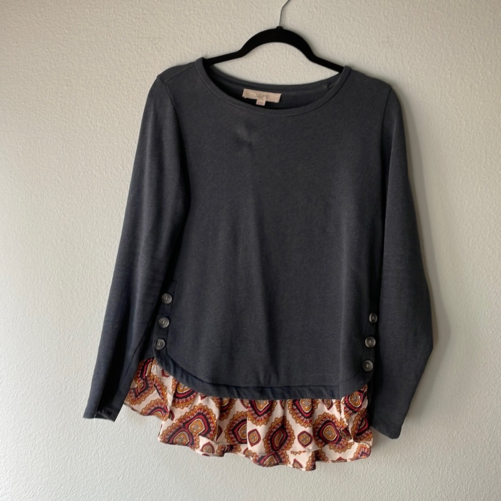 Loft Navy Blue Sweater with Colorful Fringe on Bottom, Sz M